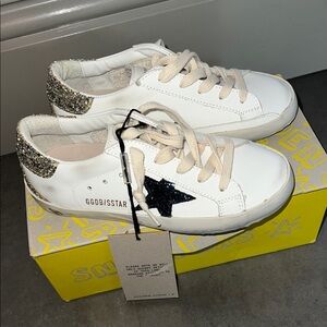 Golden Goose Cream Sneakers with Silver Glitter Heel
